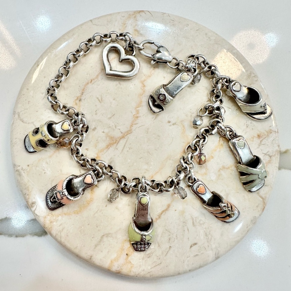 Brighton Retired Silver Plated Sandal Enamel Pastel Colored Charm Bracelet